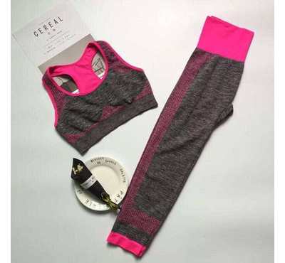 New Seamless Sports Bra and Pant Set -Gray & Pink, Size: M