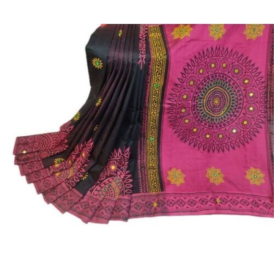 Dupion Silk Saree For Women- Black & ​Pink