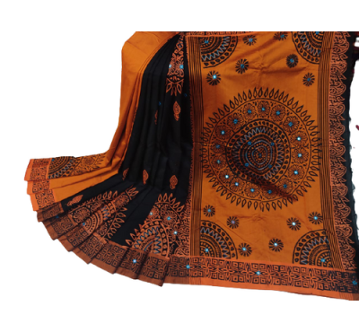 Dupion Silk Saree For Women- Black & Orange