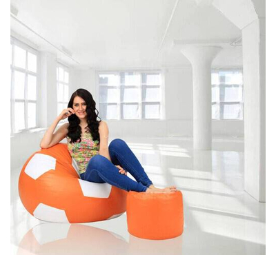 Football Bean Bag Chair_XXl_Orange & White Combined with Footrest
