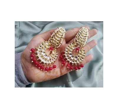 Long Kundan Beads Ear Ring (Red)