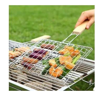 Steel Outdoor Camping Grill BBQ Mesh Net Tongs Clip Barbecue Cooking Tool-Silver