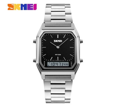 SKMEI 1220 Silver Stainless Steel Dual Time Luxury Watch For Men - Black & Silver