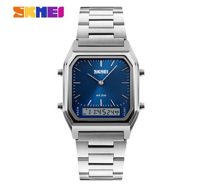 SKMEI 1220 Silver Stainless Steel Dual Time Luxury Watch For Men - Royal Blue & Silver