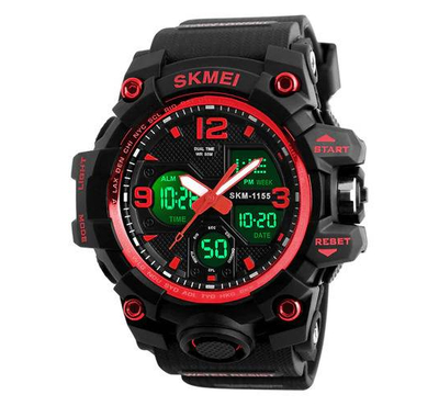 SKMEI 1155B Black PU Dual Time Sport Watch For Men - Red & Black