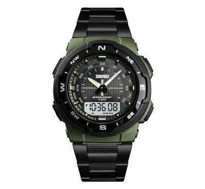 SKMEI 1370 Black Stainless Steel Dual Time Watch For Men - Army Green & Black