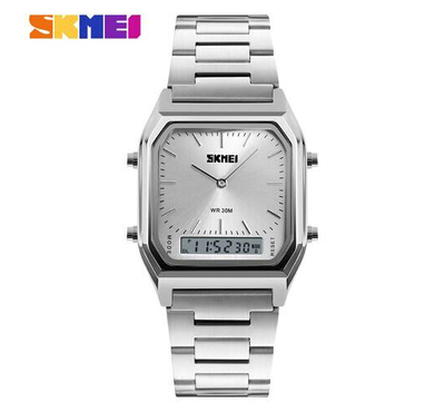 SKMEI 1220 Silver Stainless Steel Dual Time Luxury Watch For Men - White & Silver