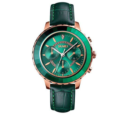SKMEI 1704 Green PU Leather Analog Luxury Watch For Women - RoseGold & Green