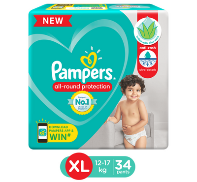 Pampers All round Protection Pants Extra Large size baby diapers (XL / 12-17 kg ) 34 Count Anti Rash diapers Lotion with Aloe Vera