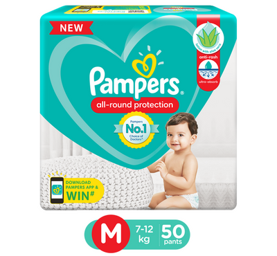 Pampers All round Protection Pants, Medium size baby diapers (MD / 7-12 kg ), 50 Count, Anti Rash diapers, Lotion with Aloe Vera