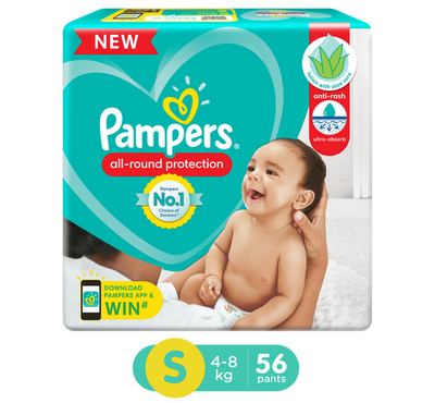 Pampers All round Protection Pants Small size baby diapers (SM / 4-8 kg ) 56 Count Anti Rash diapers Lotion with Aloe Vera