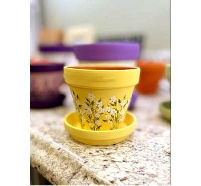Handpainted terracotta pot- Yellow Flower