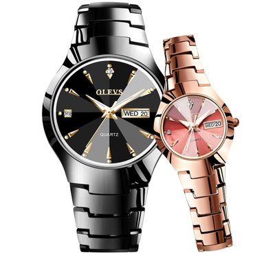 1 Pair OLEVS 8697 Couple Fashion Waterproof Luminous Quartz Watch(Black + Rose Gold)