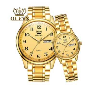 Couple OLEVS 5567 Fashion Stainless Steel Japan Quartz Analog Day Date Watch Full Gold