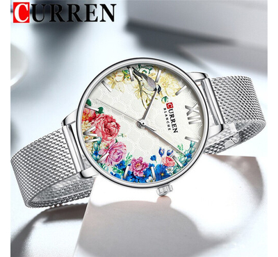 CURREN 9059 Fashion Floral Pattern Quartz Watch Ladies Casual Waterproof Stainless Steel Wrist Watch
