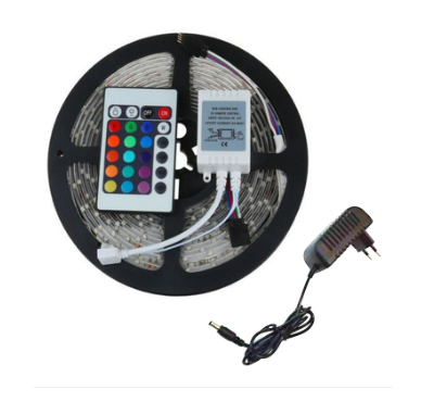 5 Meter 2835 SMD RGB LED Strip Light With Driver Remote DC 12V Adaptor (Color Changing Flexible Full kit Set)