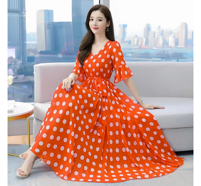 Summer Grace Mid-Calf Long Sleeve Beach Dot Print China Fabric Dress (Orange)