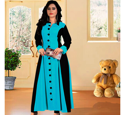 Women High Quality Dubai Kurti China Linen Fabric (Sky Blue & Black), Size: 38