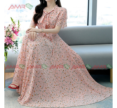 Women Short Sleeve Floral Print Long Chiffon Dresses (Peach), Size: 36