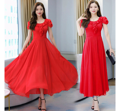 Casual Neckline With Tie Design Weightless Georgette Gown (Red), Size: 36