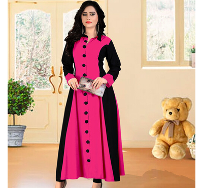 Women High Quality Dubai Kurti China Linen Fabric (Megenta & Black), Size: 36