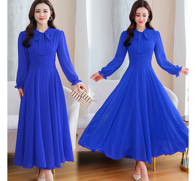 Casual Neckline With Tie Design Weightless Georgette Gown (Nevy Blue), Size: 36