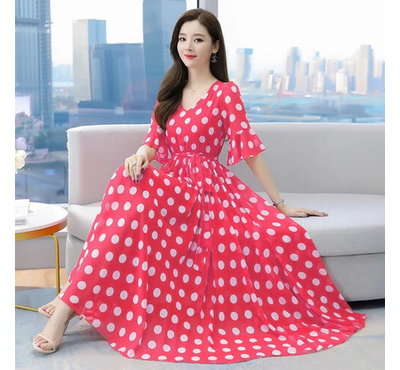 Summer Grace Mid-Calf Long Sleeve Beach Dot Print China Fabric Dress (Pink)