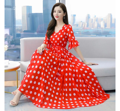 Summer Grace Mid-Calf Long Sleeve Beach Dot Print China Fabric Dress (Red)