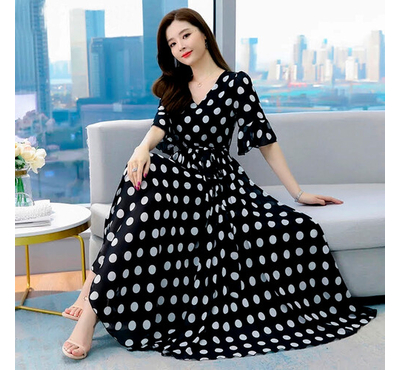 Summer Grace Mid-Calf Long Sleeve Beach Dot Print China Fabric Dress (Black)