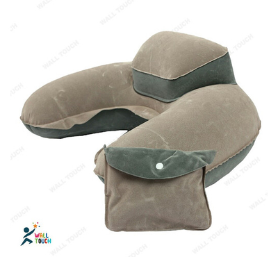 4 in 1 Double Part Inflatable Pillow with Eye Mask Ear plug & Pouch [Ash)