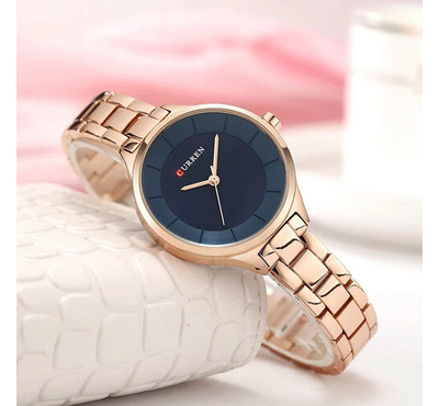 CURREN 9015 Women's Watch Luxury Stainless Steel Ladies Watch - Rose Gold & Blue