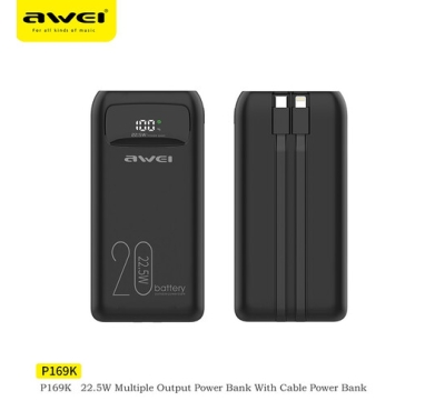 Awei P169K 20000mAh 22.5W Fast Charging Multi Input & Output with Built-in Cable LCD Display Power Bank Over Charge & Over Voltage Protection