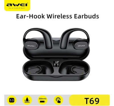 Awei T69 Air Conduction HiFi Stereo Wireless Earbuds Sports IPX6 Waterproof Ear-Hook with Microphone Earclip Design LED Display