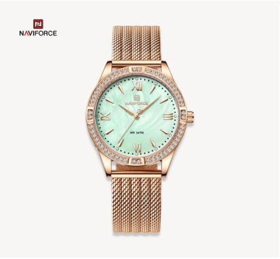 NAVIFORCE NF5028 Rose Gold Mesh Stainless Steel Analog Watch For Women - Green & Rose Gold