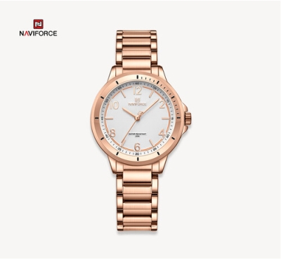 NAVIFORCE NF5021 Rose Gold Stainless Steel Analog Watch For Women - White & Rose Gold