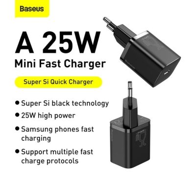 Baseus 25W Super Si Quick Charger PD+QC3.0 With PD To PD 1M Cable 1C 25W EU Sets