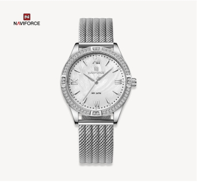 NAVIFORCE NF5028 Silver Mesh Stainless Steel Analog Watch For Women - White & Silver