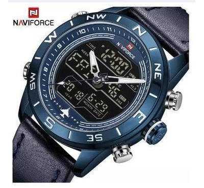 NAVIFORCE NF9144 Navy Blue PU Leather Dual Time Wrist Watch For Men - Royal Blue
