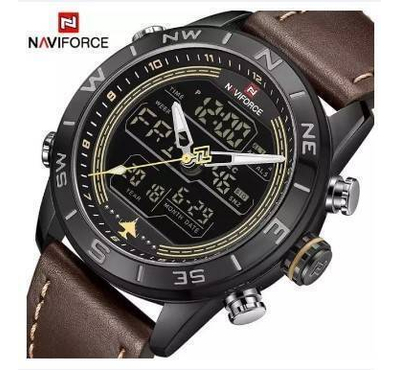 NAVIFORCE NF9144 Dark Brown PU Leather Dual Time Wrist Watch For Men - Dark Brown & Black