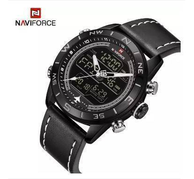 NAVIFORCE NF9144 Black PU Leather Dual Time Wrist Watch For Men - Black & White