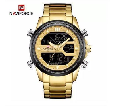 NAVIFORCE NF9138 Golden Stainless Steel Dual Time Wrist Watch For Men - Golden & Black