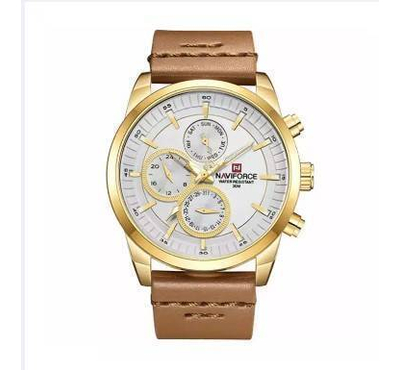 NAVIFORCE NF9148 Brown PU Leather Chronograph Watch For Men - Golden & Brown