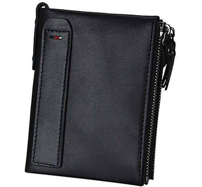 Black Original Leather Card Holder and Two Zipper Pockets Wallet for Men