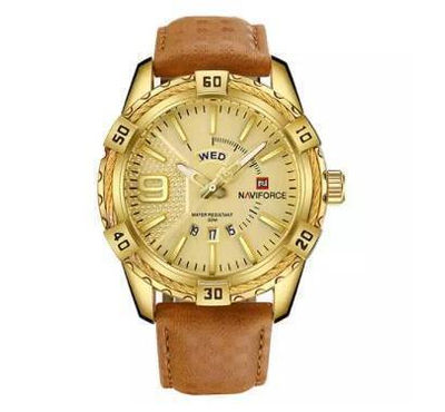 NAVIFORCE NF9117 - Brown PU Leather Analog Watch for Men - Golden & Brown