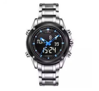 NF9050 Stainless Steel Dual Display Wrist Watch - Silver and Blue