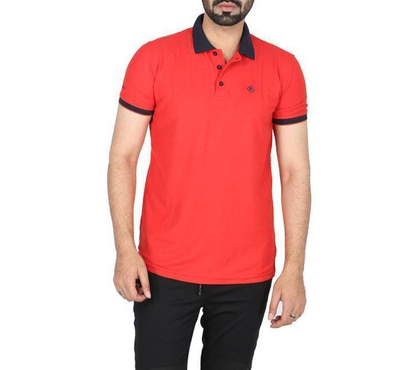 Men's Red Solid Polo Shirt (Navy Collar)