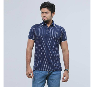 Men's Navy Blue All Over Printed Polo Shirt
