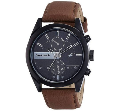 Fastrack All Nighters Black Dial Leather Strap Watch