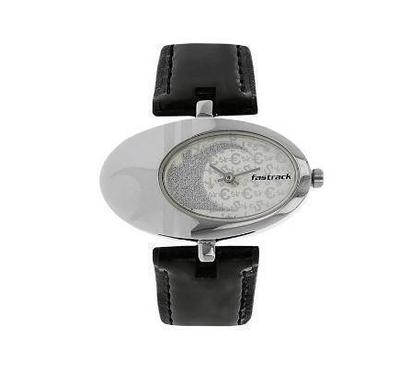 Fastrack Silver Dial Black Leather Strap Watch