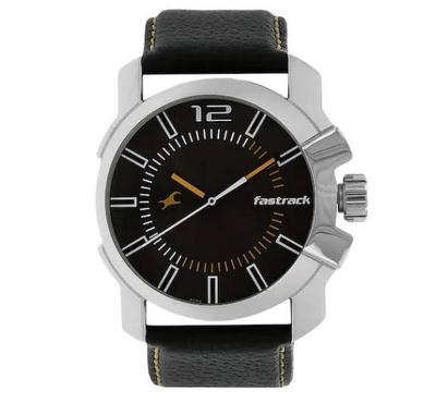 Fastrack Grey Dial Black Leather Strap Watch